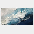 Textured ocean wave canvas art in blue, navy, and white hues.