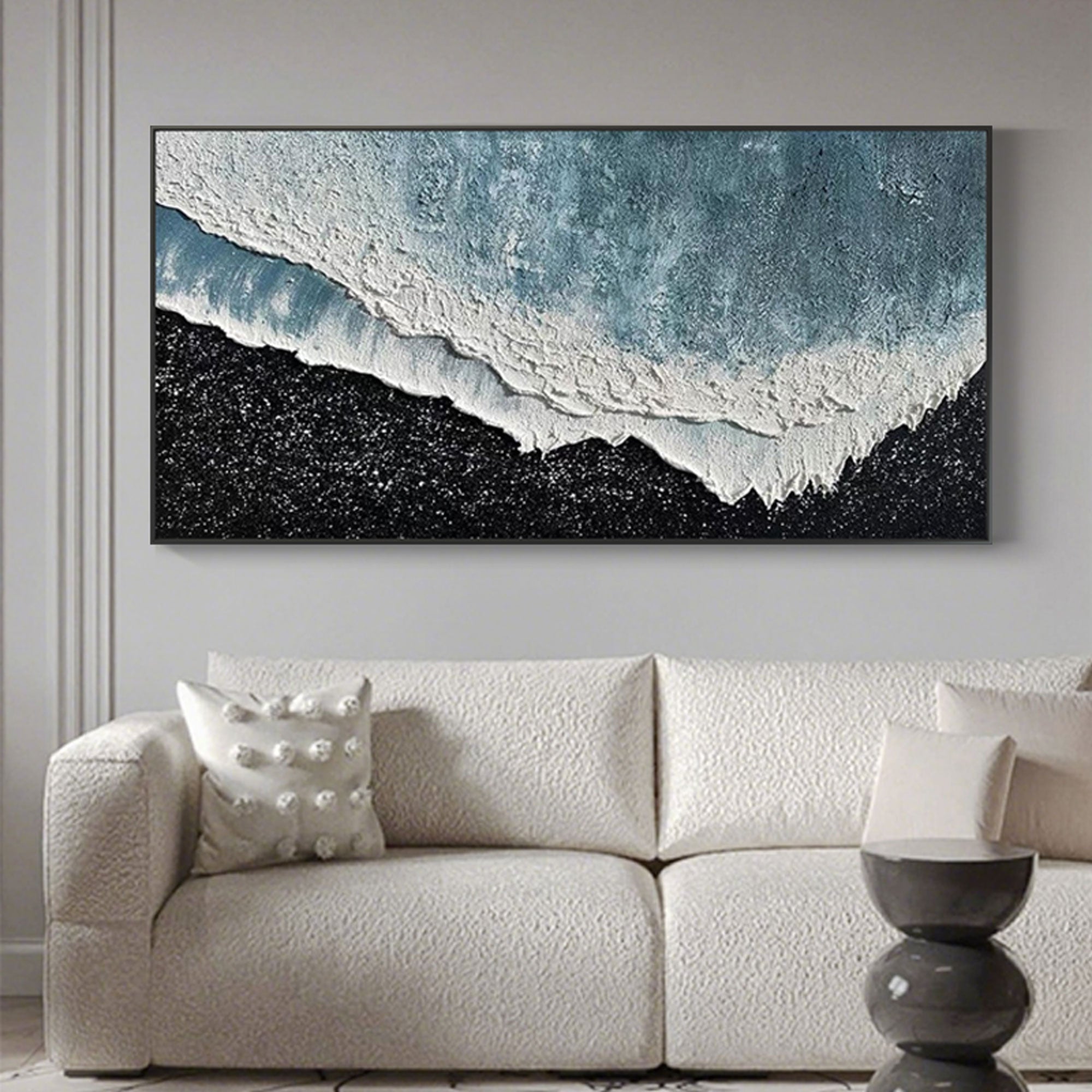 3D textured ocean canvas art, blue and white wave on black shore.