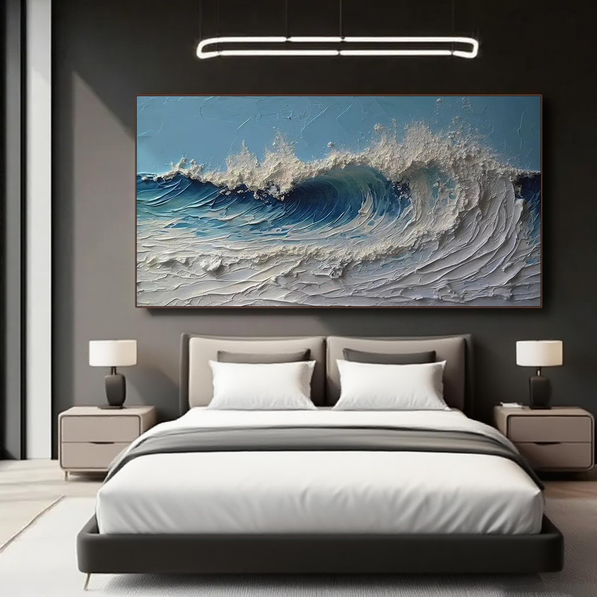 Ocean wave canvas art in a modern living room setting.