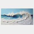 3D textured ocean wave wall art, close-up of the wave crest with blue and white impasto.