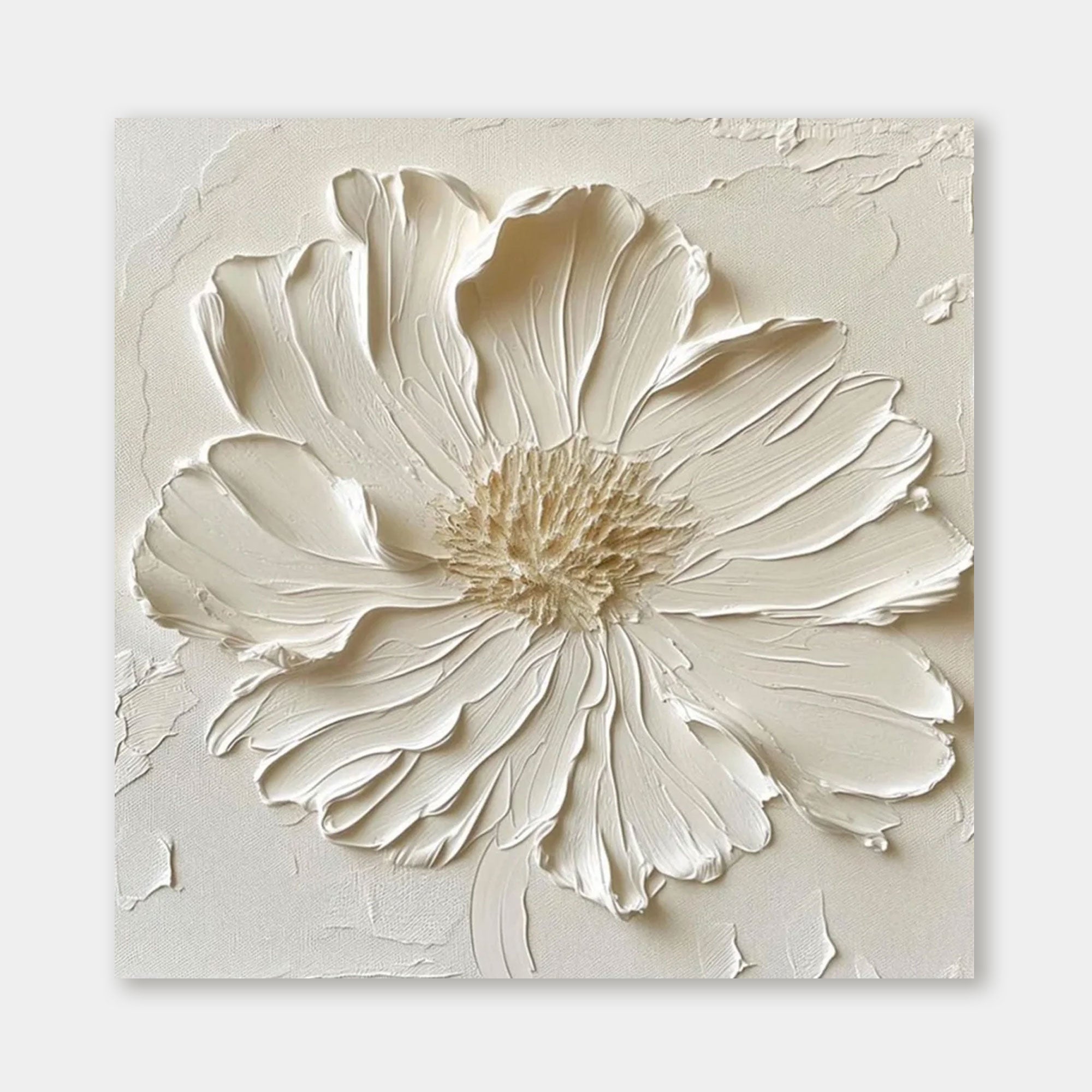 Close-up of the 3D textured white flower on canvas, Lumen wall art.
