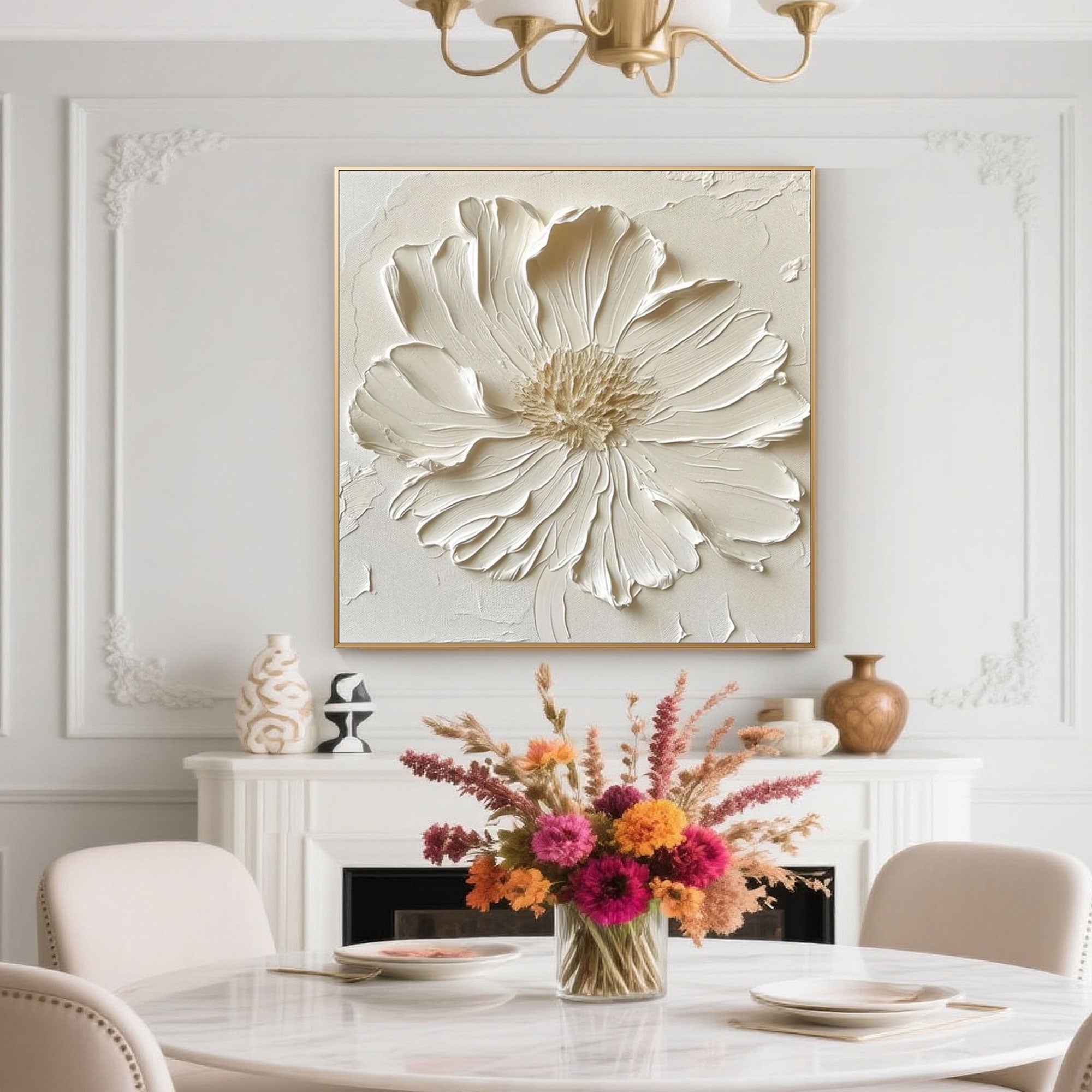 Lumen white floral wall art with stretched and framed canvas options.