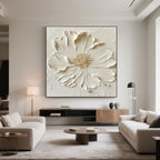 Lumen 3D white floral wall art in a modern living room setting.