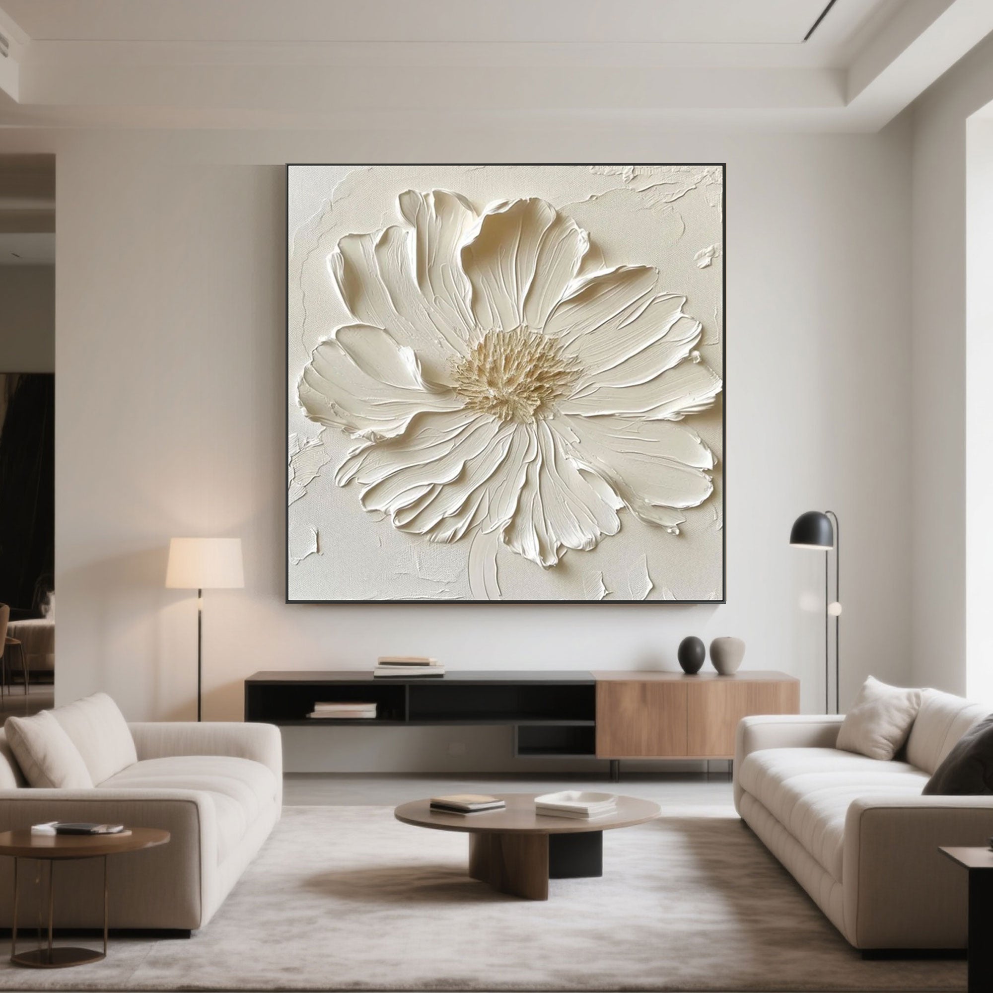 Lumen 3D white floral wall art in a modern living room setting.