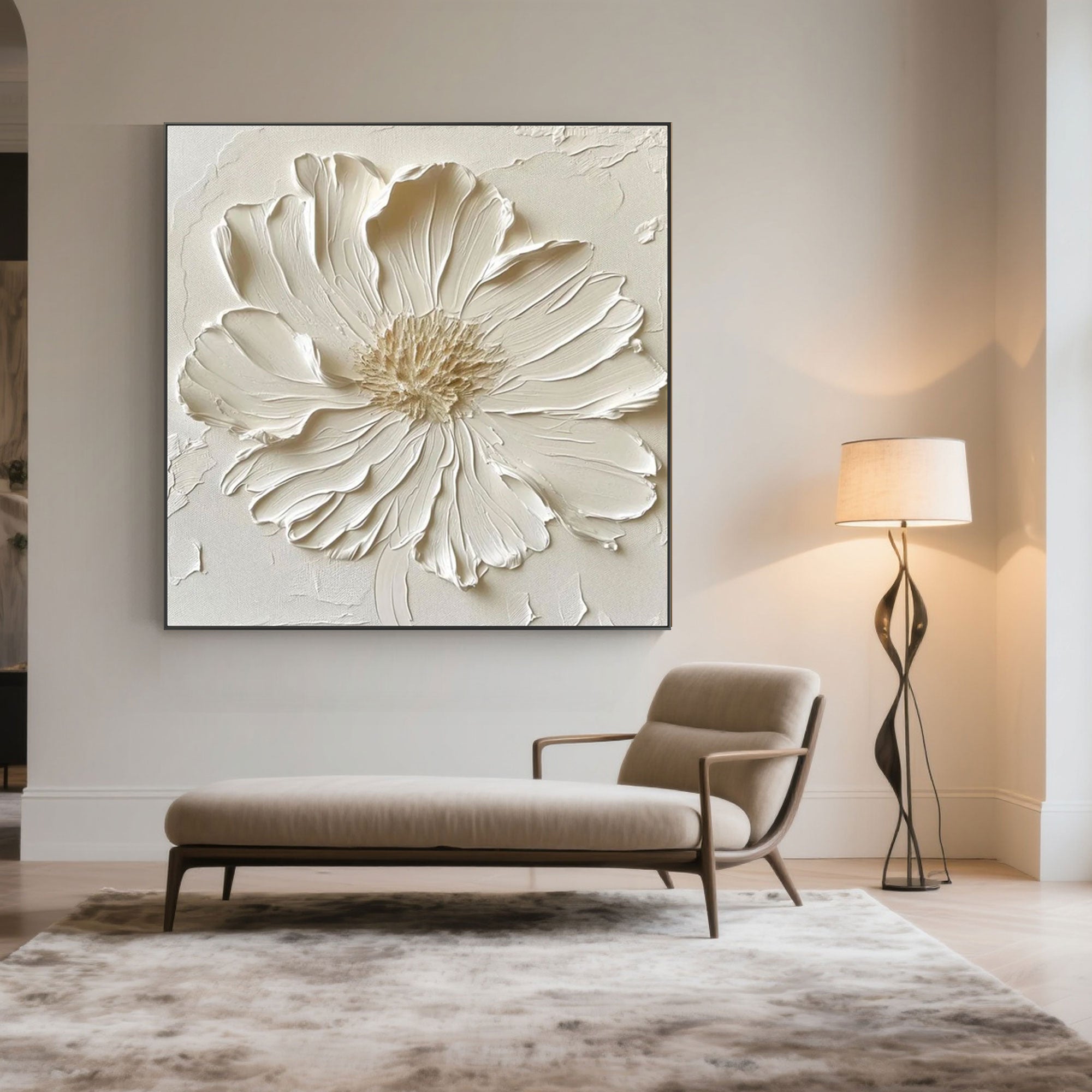Lumen white floral canvas art displayed above a chaise lounge.