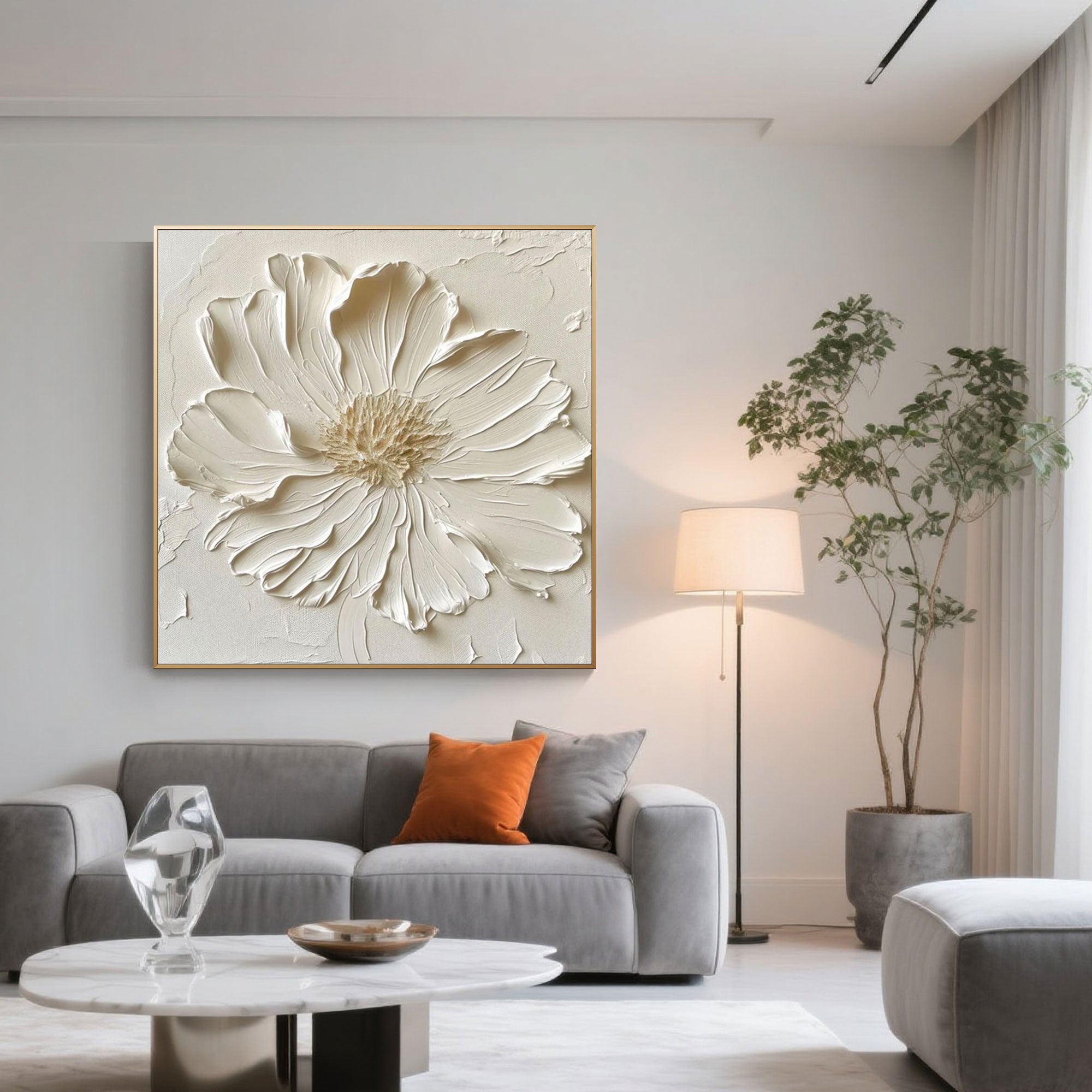 Lumen beige square canvas with sculptural white petals.