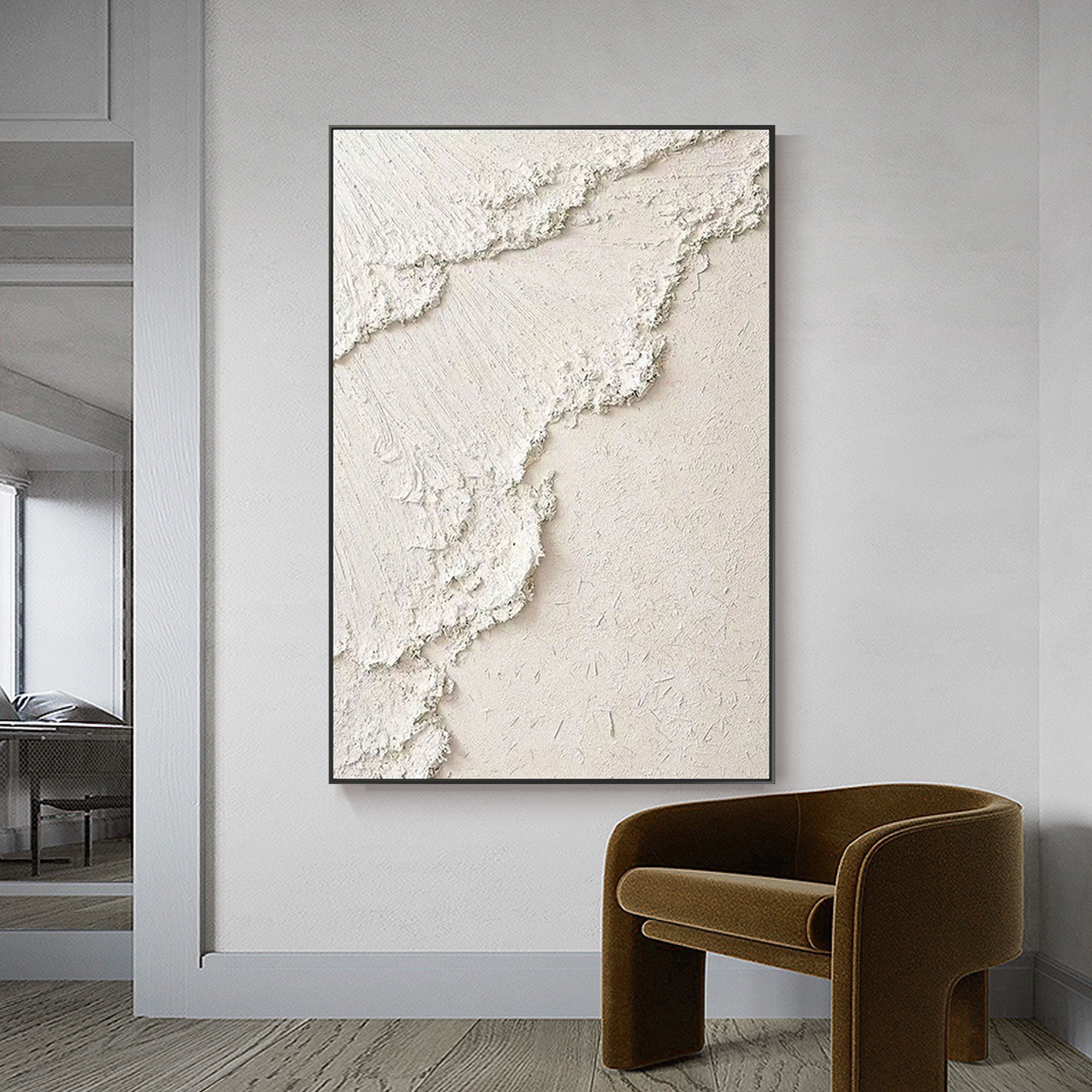 3D textured 'Sandy Wave' canvas art in a modern home interior.