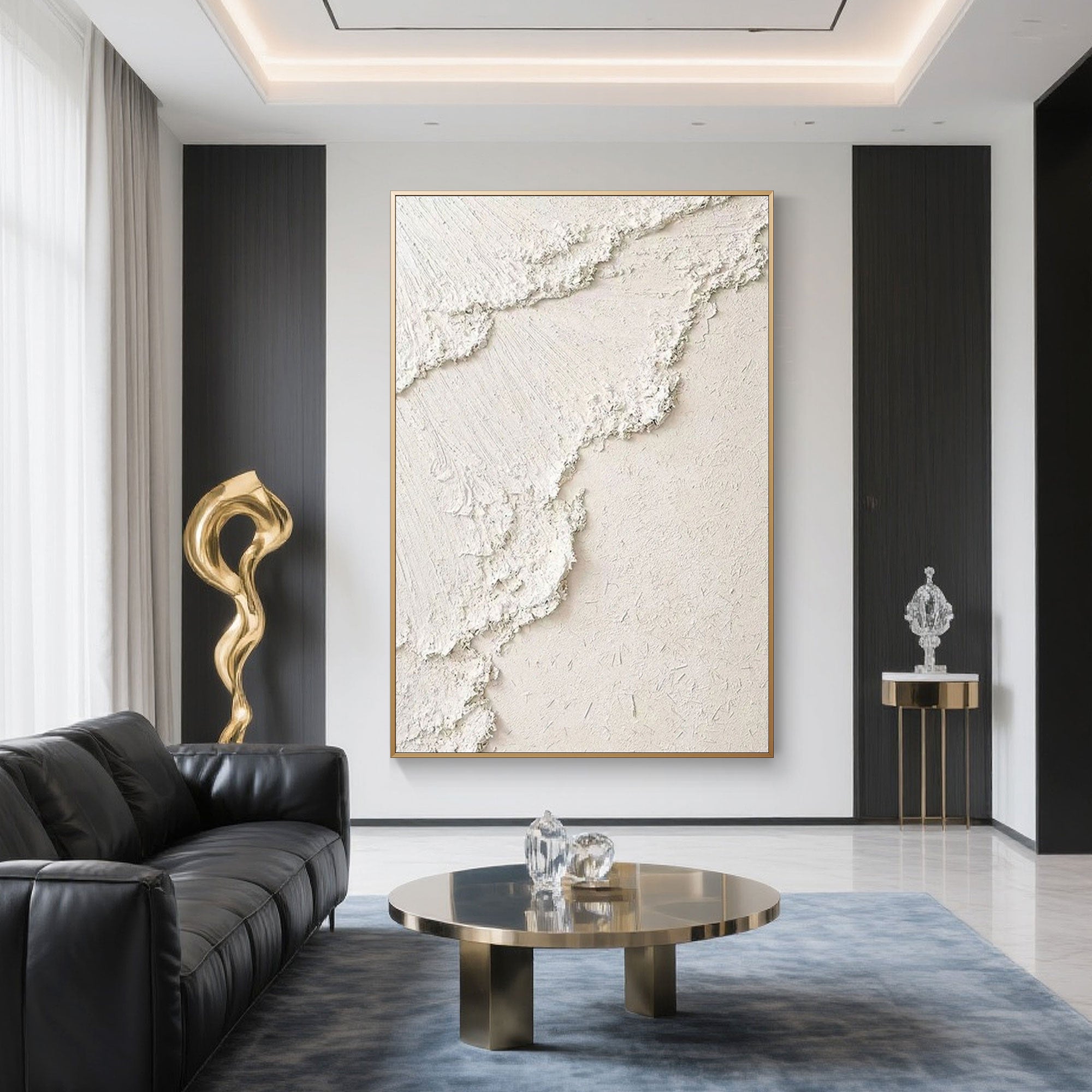 3D textured 'Sandy Wave' canvas art above a sofa in a modern living room.