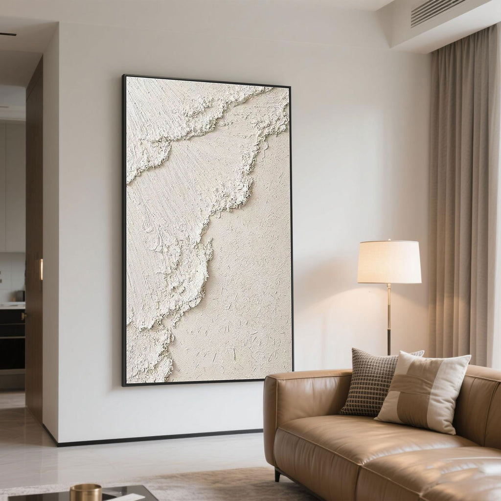 'Sandy Wave' 3D textured art in a neutral living room with a leather sofa.