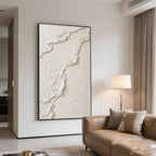 'Sandy Wave' 3D textured art in a neutral living room with a leather sofa.