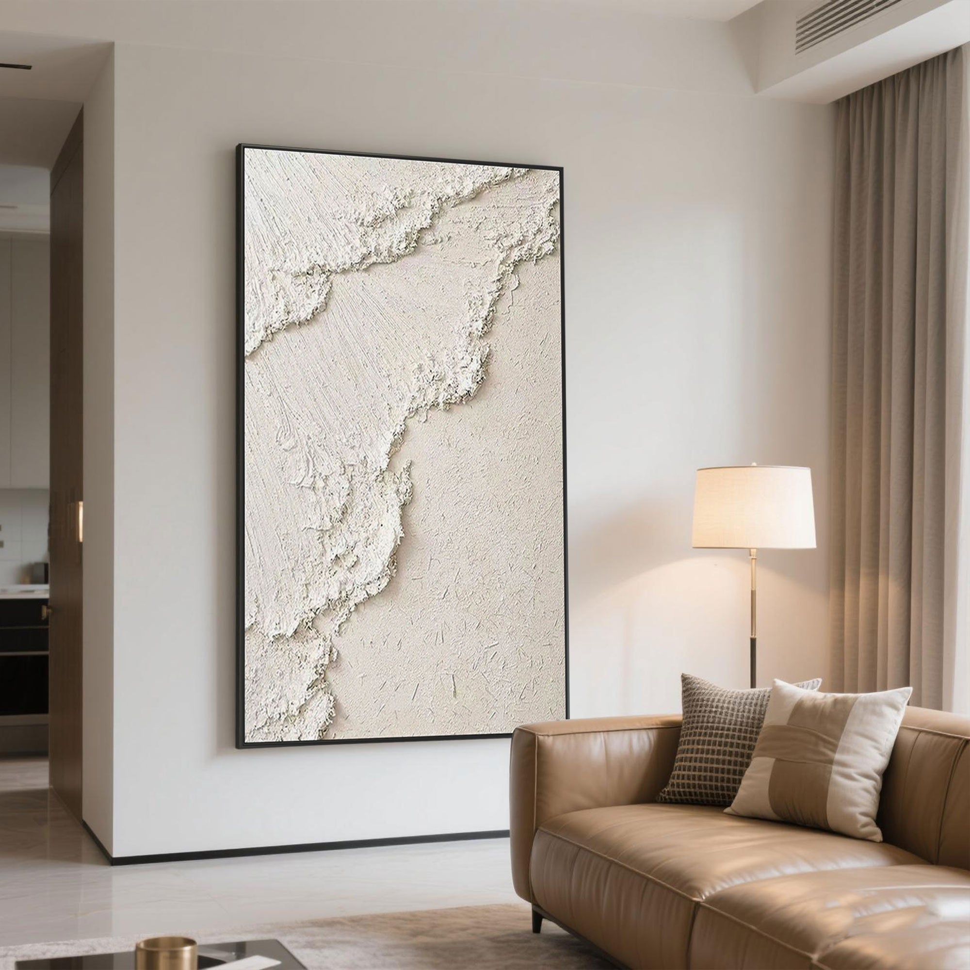 'Sandy Wave' 3D textured art in a neutral living room with a leather sofa.