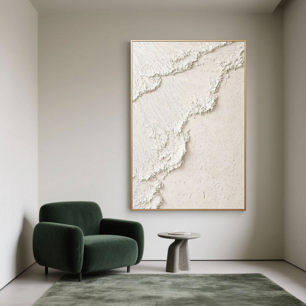 3D textured 'Sandy Wave' canvas art in a minimalist living space.