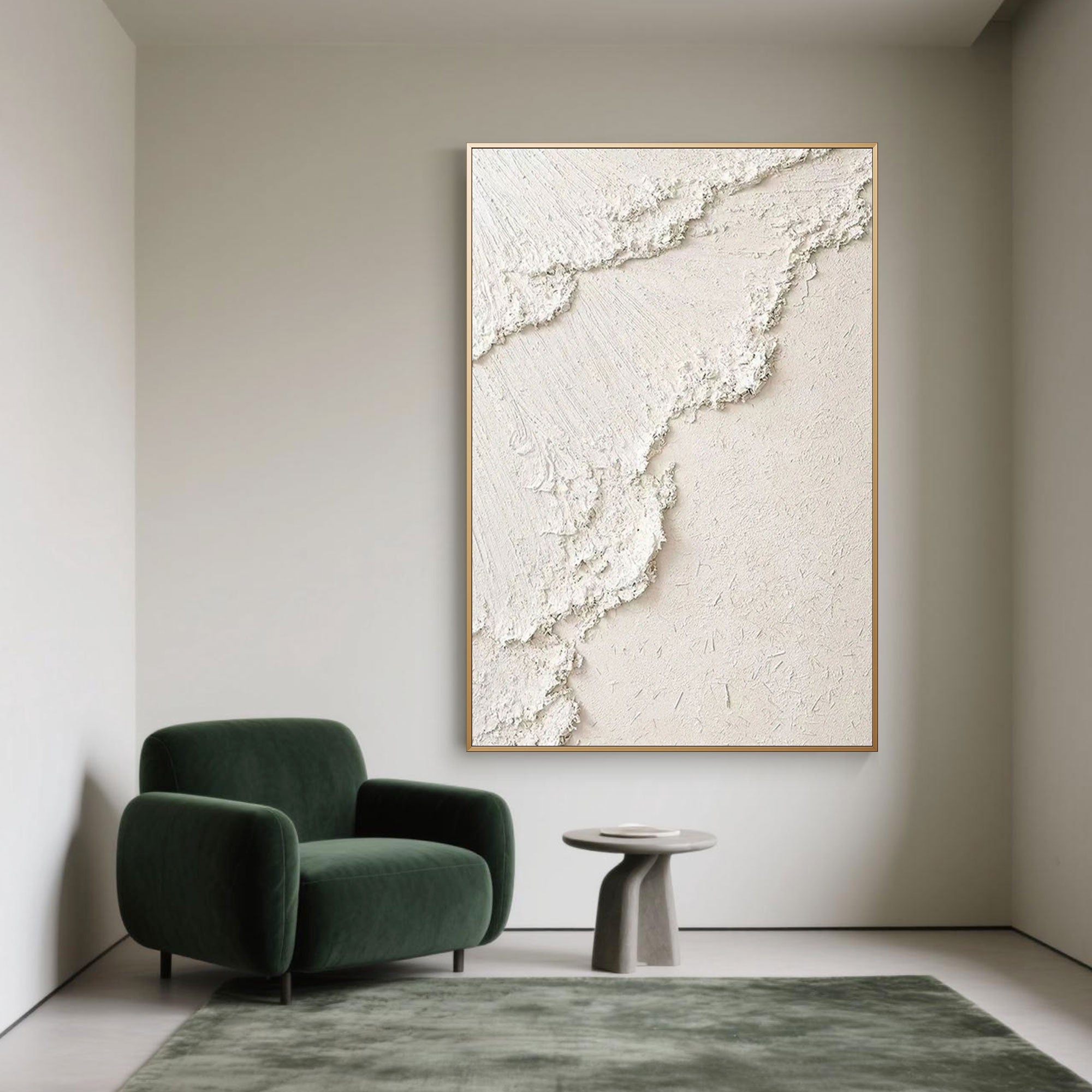 3D textured 'Sandy Wave' canvas art in a minimalist living space.