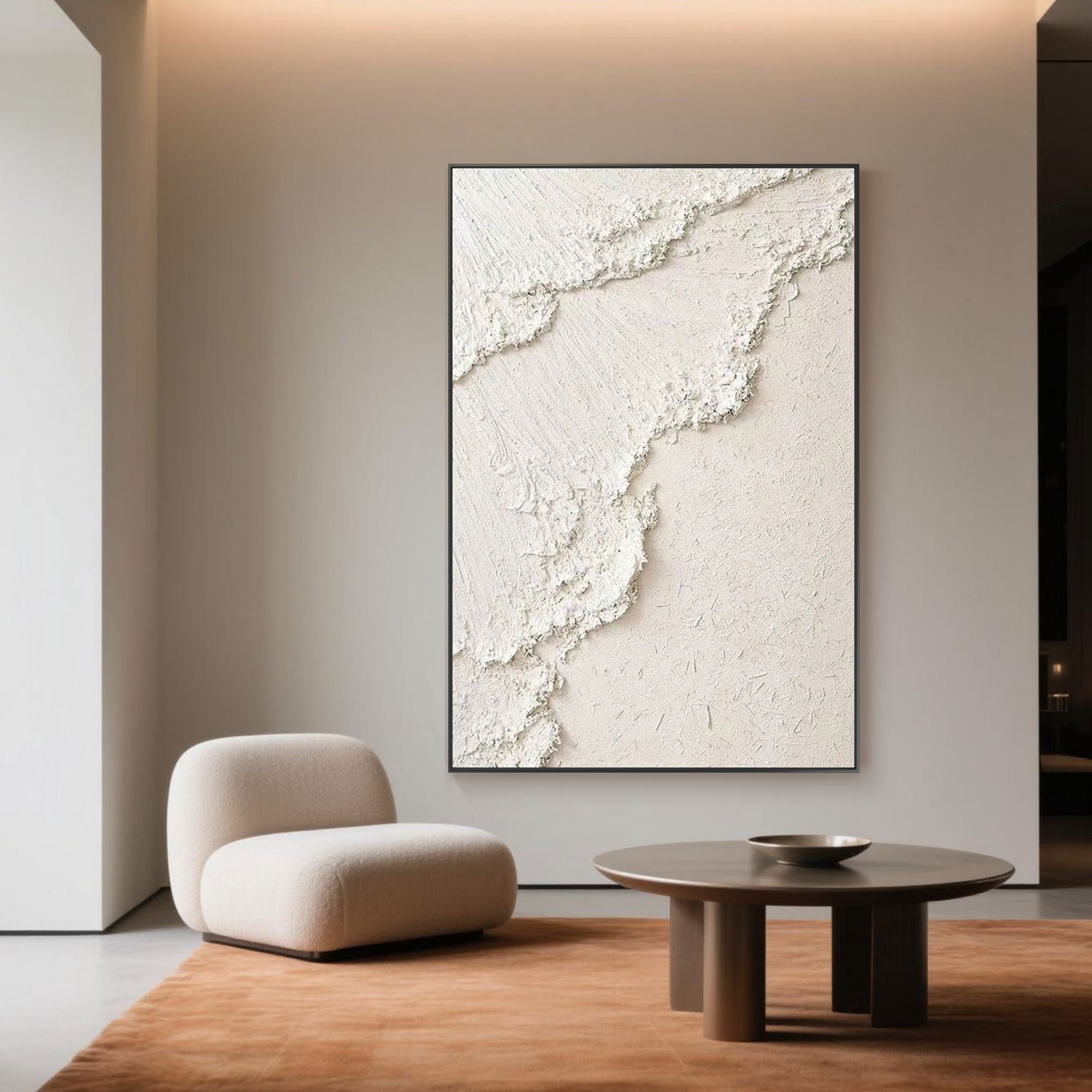 3D textured 'Sandy Wave' canvas art in white and beige.