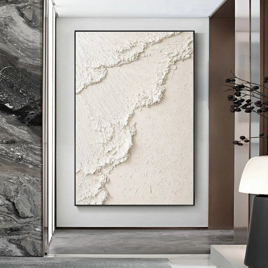 3D textured 'Sandy Wave' canvas art in a modern hallway setting.
