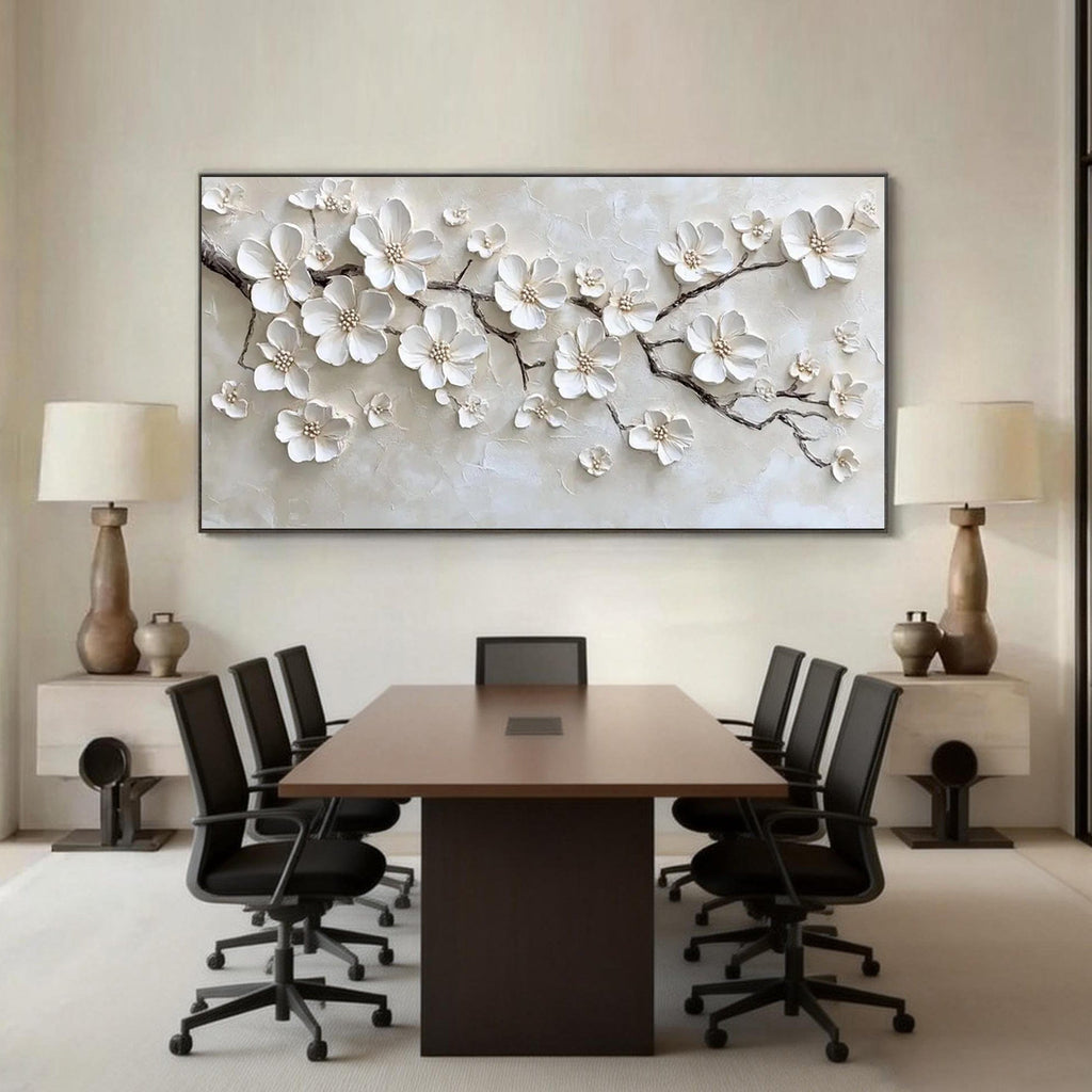 Lumi Gallery 3D Floral Beige Wall Art - Fleuris with textured white flowers in modern conference room