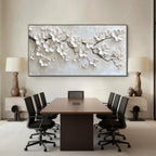 Lumi Gallery 3D Floral Beige Wall Art - Fleuris with textured white flowers in modern conference room