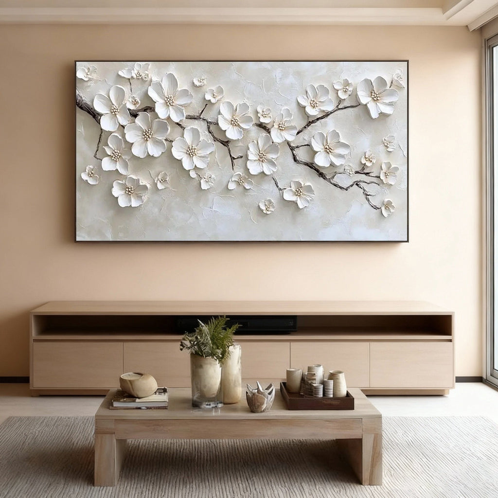 3D hand-painted beige floral wall art 'Fleuris' with textured petals, mounted in modern living room