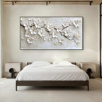 Lumi Gallery 3D Floral Beige Wall Art - Fleuris with textured white flowers in modern bedroom