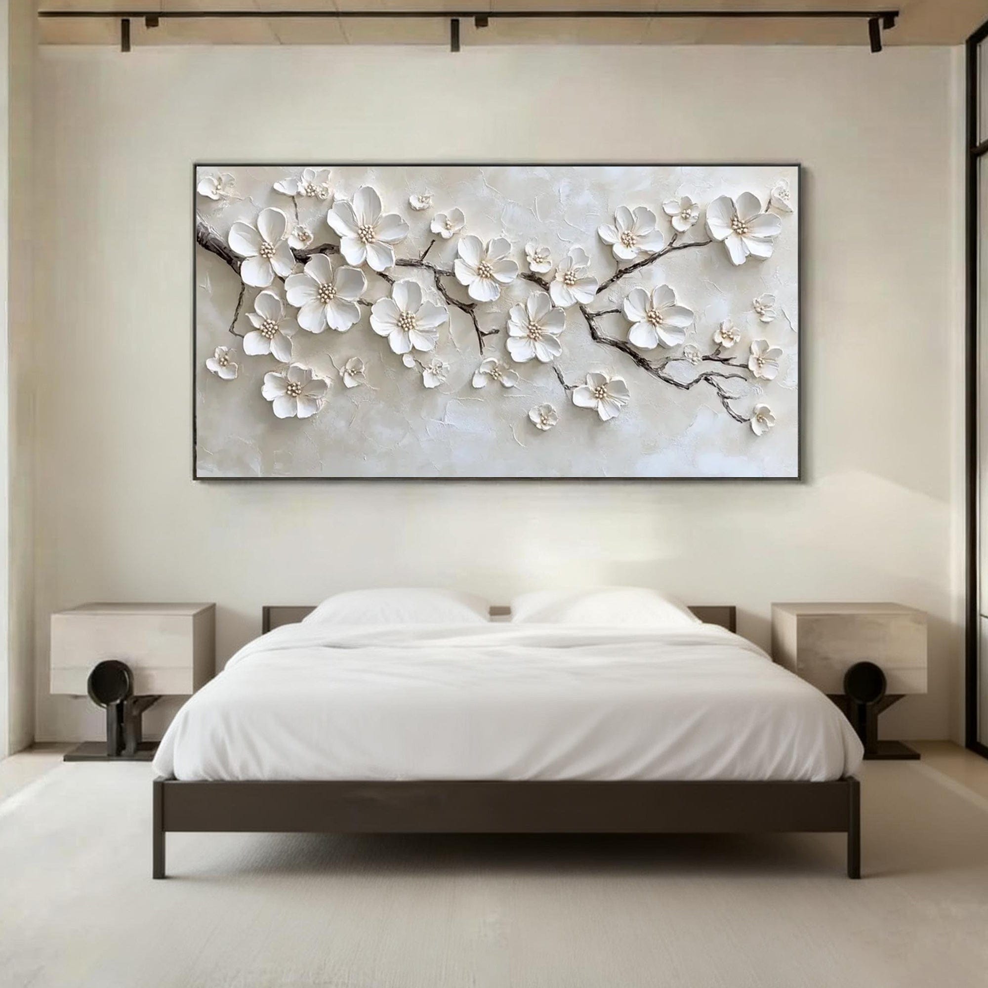 Lumi Gallery 3D Floral Beige Wall Art - Fleuris with textured white flowers in modern bedroom