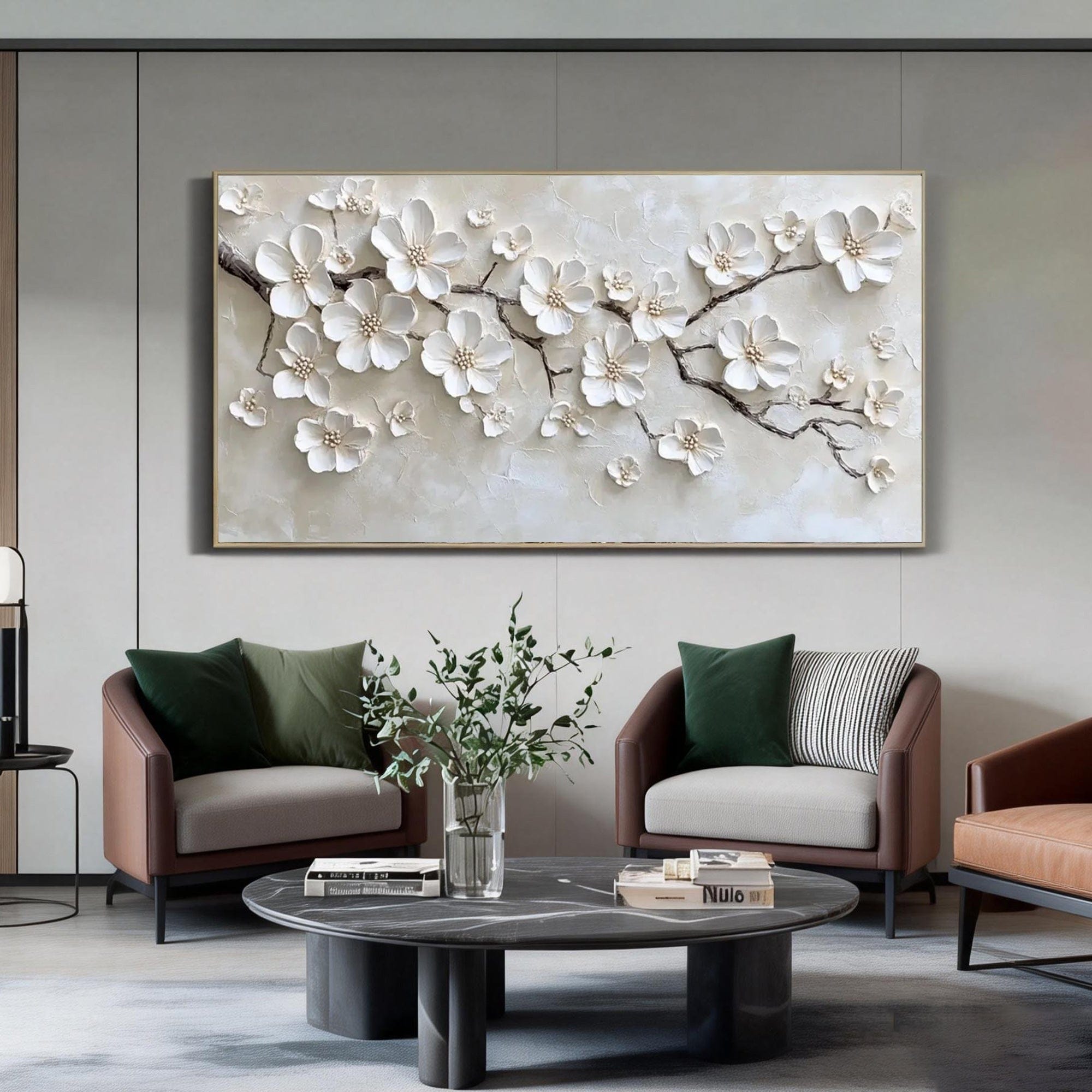 Lumi Gallery 3D Floral Beige Wall Art - Fleuris with textured white flowers in cozy living room