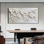 Lumi Gallery 3D Floral Beige Wall Art - Fleuris with textured white flowers in minimalist office space