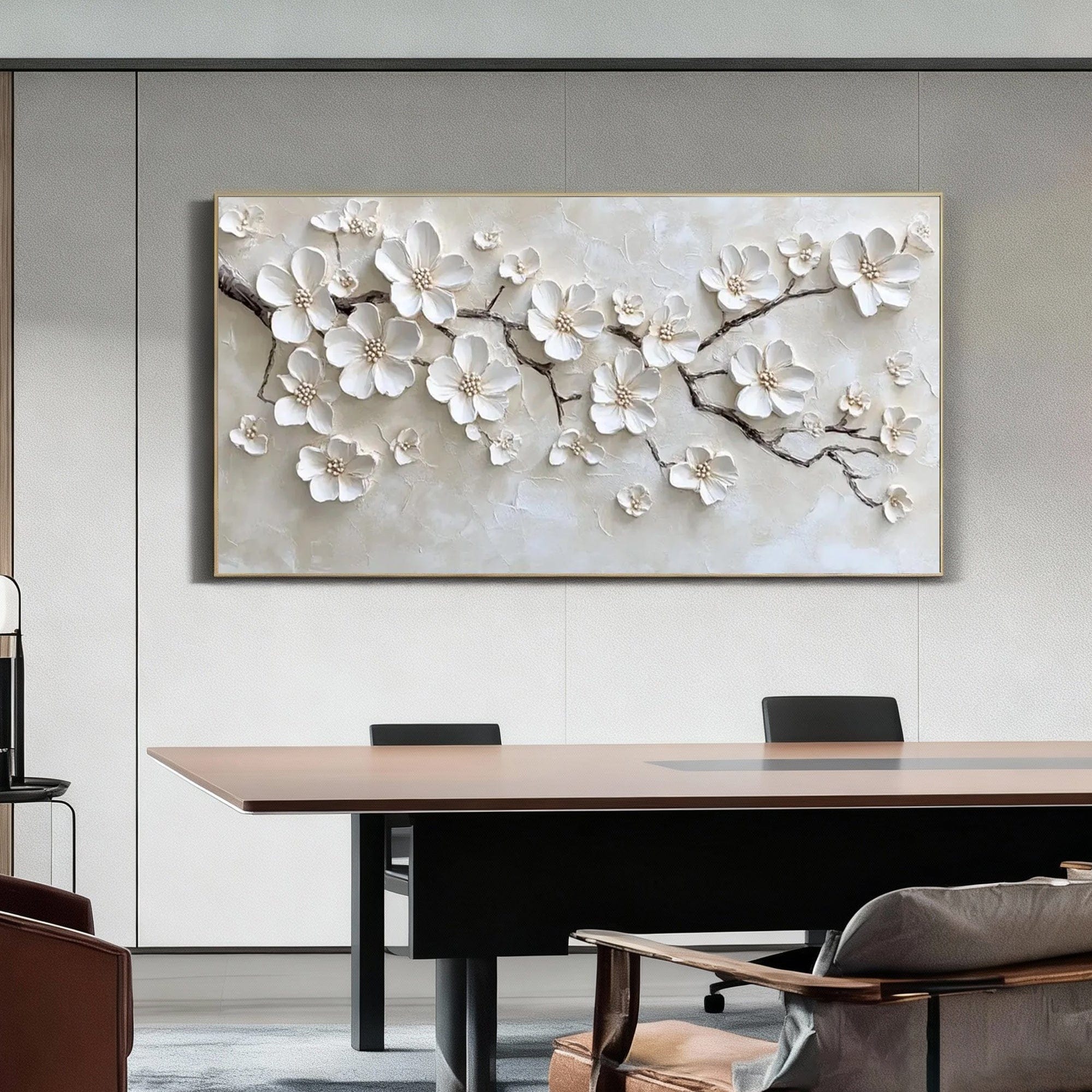 Lumi Gallery 3D Floral Beige Wall Art - Fleuris with textured white flowers in minimalist office space