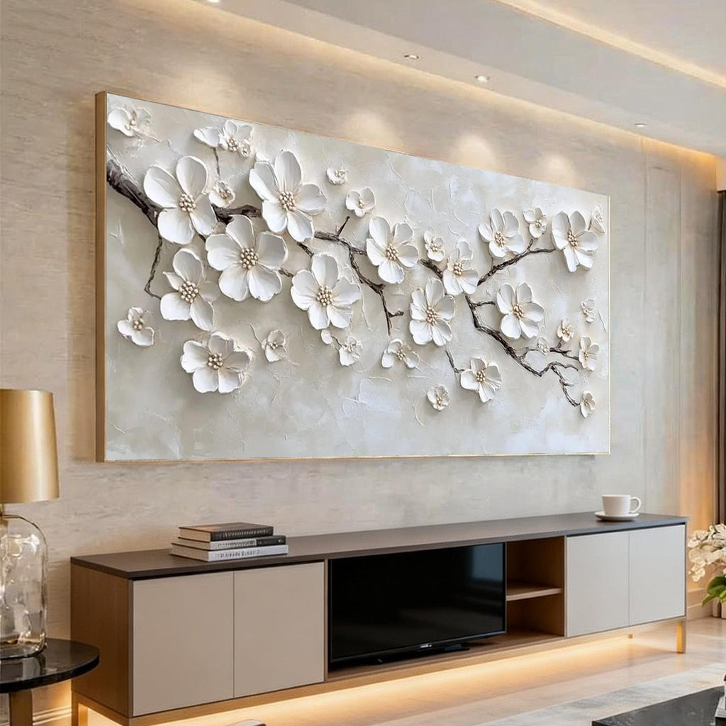 Lumi Gallery 3D Floral Beige Wall Art - Fleuris with textured white flowers in contemporary living room