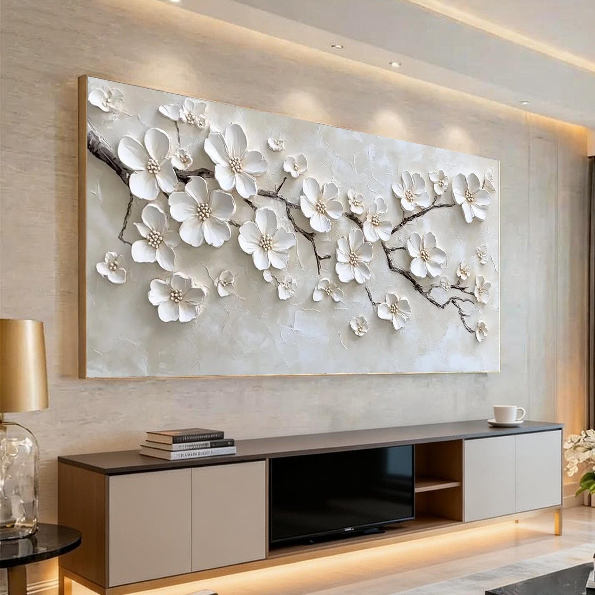Lumi Gallery 3D Floral Beige Wall Art - Fleuris with textured white flowers in contemporary living room