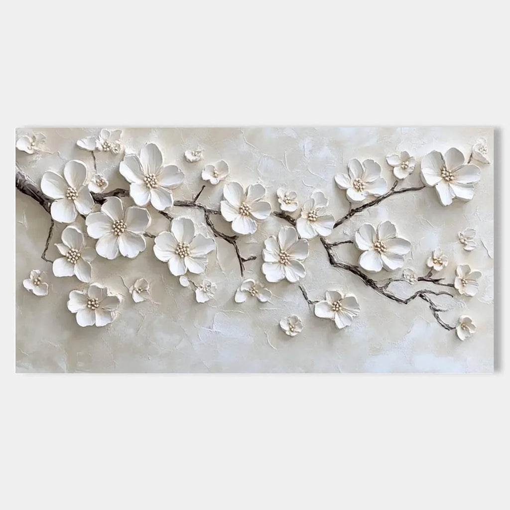 3D floral beige wall art with textured white flowers, hand-painted detail