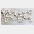 3D floral beige wall art with textured white flowers, hand-painted detail
