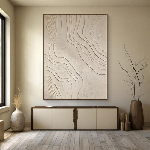 Modern interior with a large abstract wall art piece, wooden sideboard, and decorative vases.