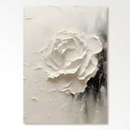 A 3D - textured abstract modern painting showcasing a white rose, rendered in black and white tones. The artwork features rich, tactile textures that add depth, embodying contemporary artistic style, perfect for modern decor.