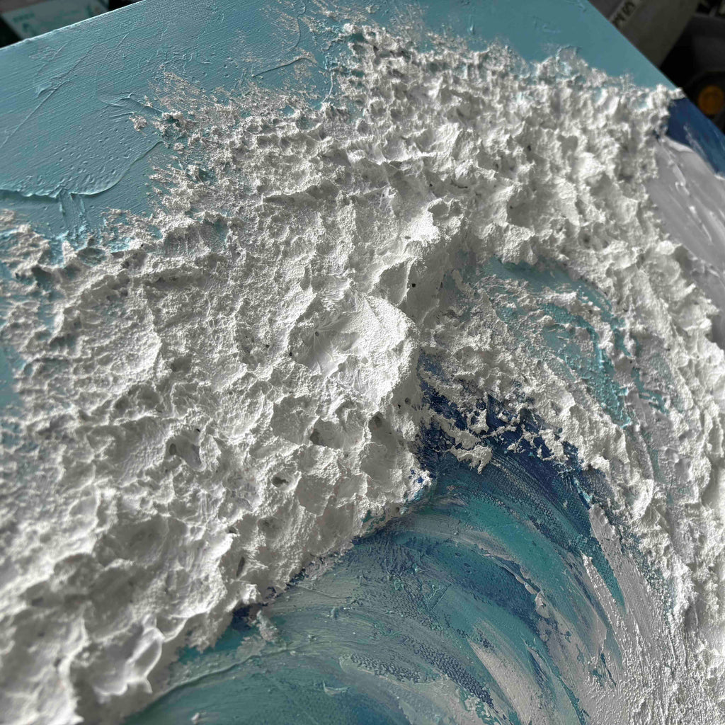 3D textured ocean wave wall art by Lumi Gallery with white foam crest and turquoise blue waves