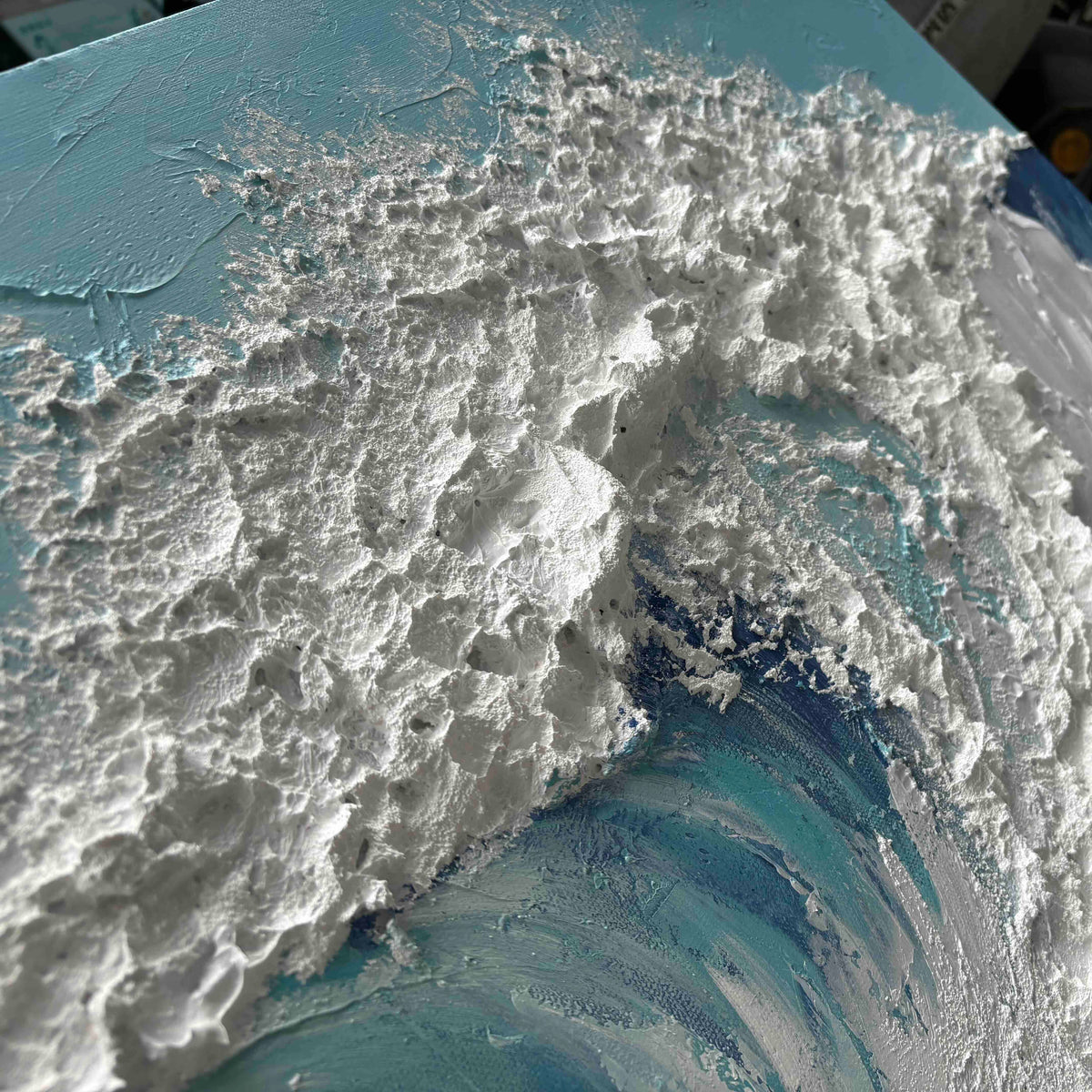 3D textured ocean wave wall art by Lumi Gallery with white foam crest and turquoise blue waves