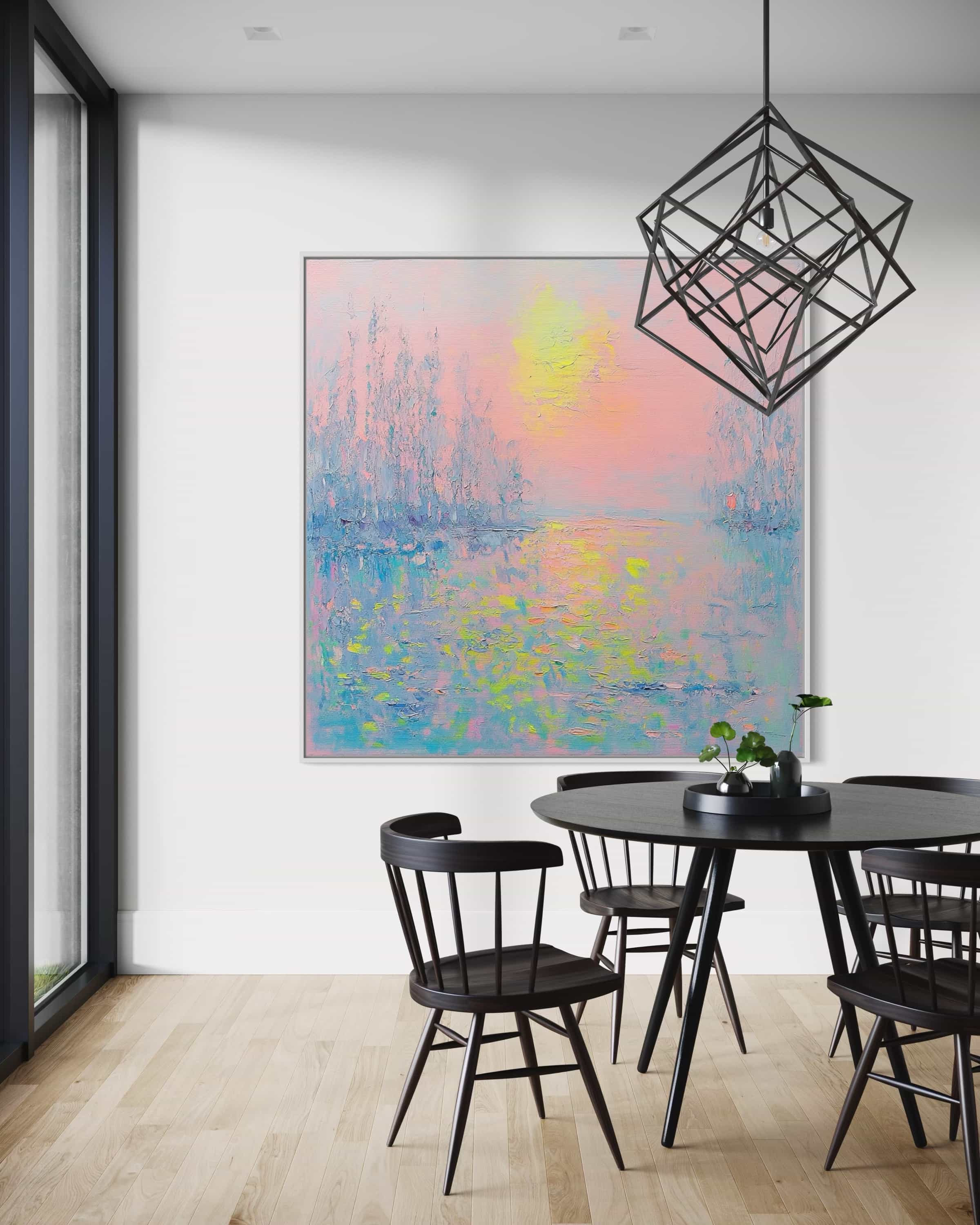 Impressionistic nature-inspired canvas painting in serene pink and blue tones for bedrooms and offices.