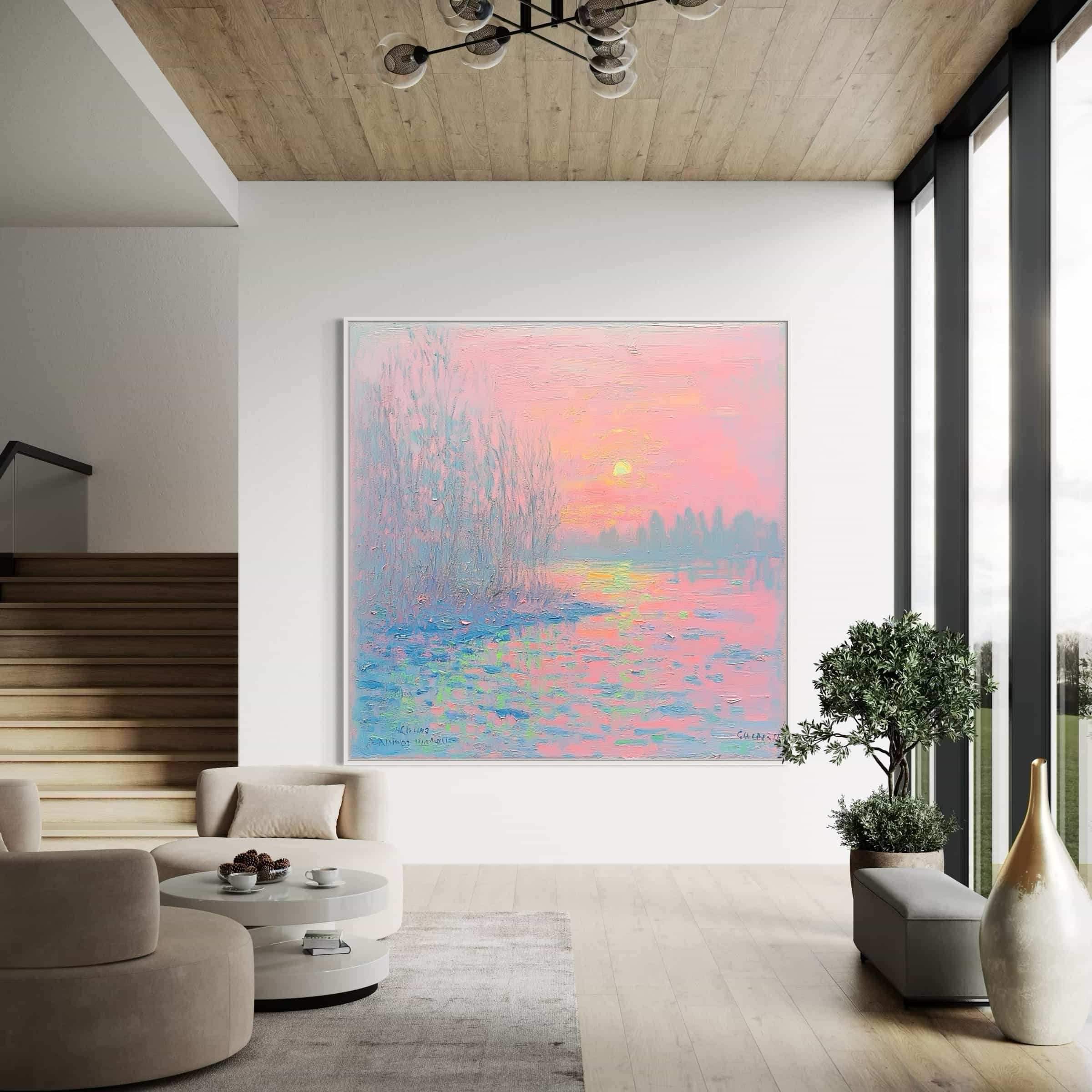 Impressionist landscape wall art in pink, blue, and purple tones, featuring a serene sunset over a tranquil river. Perfect for modern and romantic interiors.