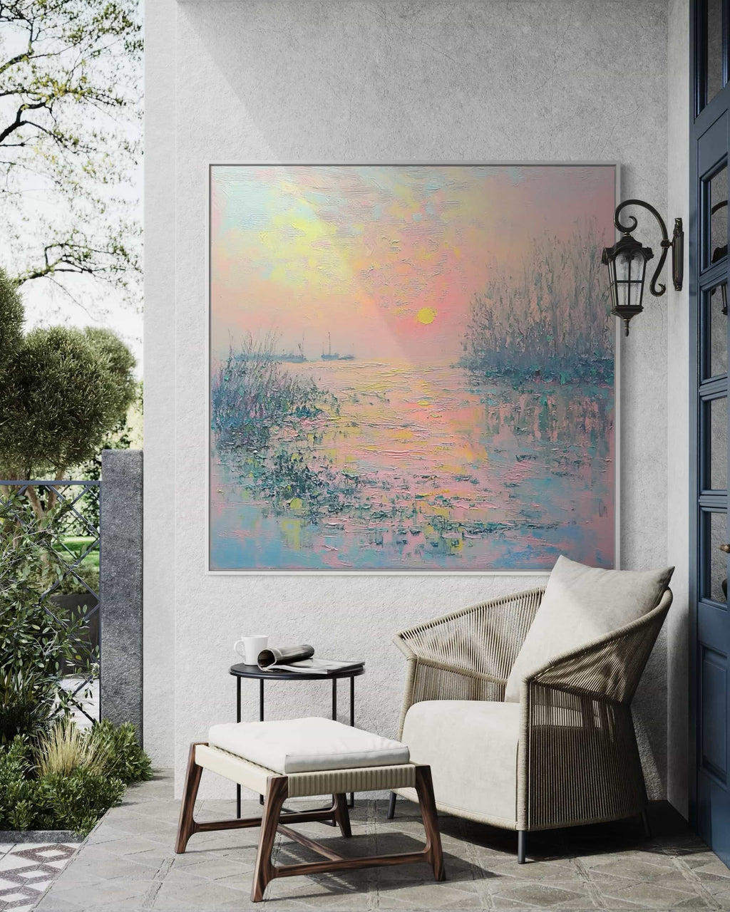 Pastel nature canvas art with pink and blue hues, showcasing a hand-painted impressionistic sunset scene. Ideal for living rooms and bedrooms.