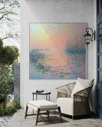 Pastel nature canvas art with pink and blue hues, showcasing a hand-painted impressionistic sunset scene. Ideal for living rooms and bedrooms.