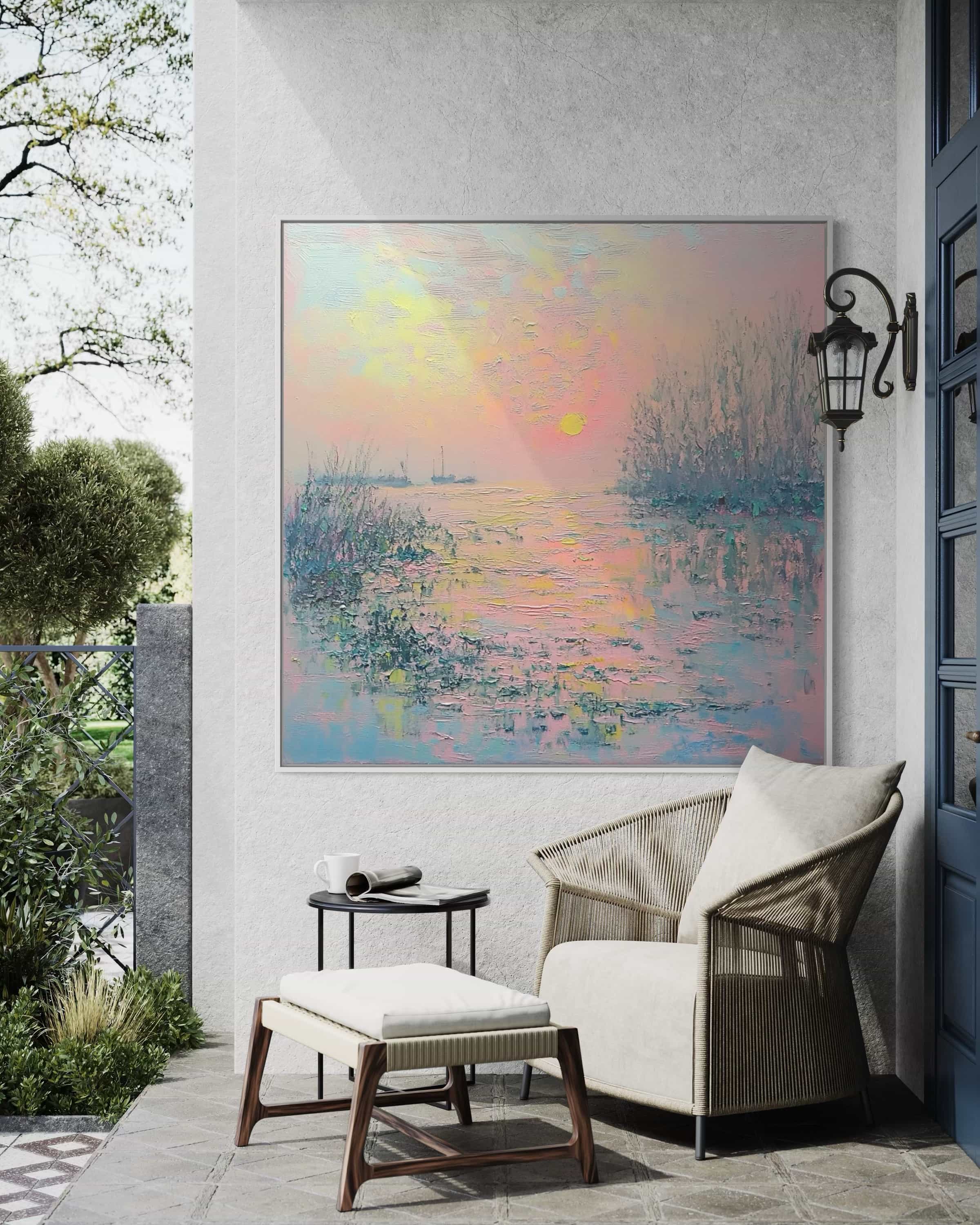 Pastel nature canvas art with pink and blue hues, showcasing a hand-painted impressionistic sunset scene. Ideal for living rooms and bedrooms.