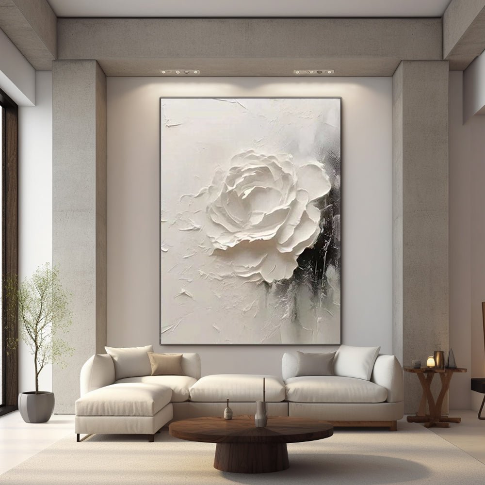 3D textured white flower canvas art by Lumi Gallery in contemporary living room