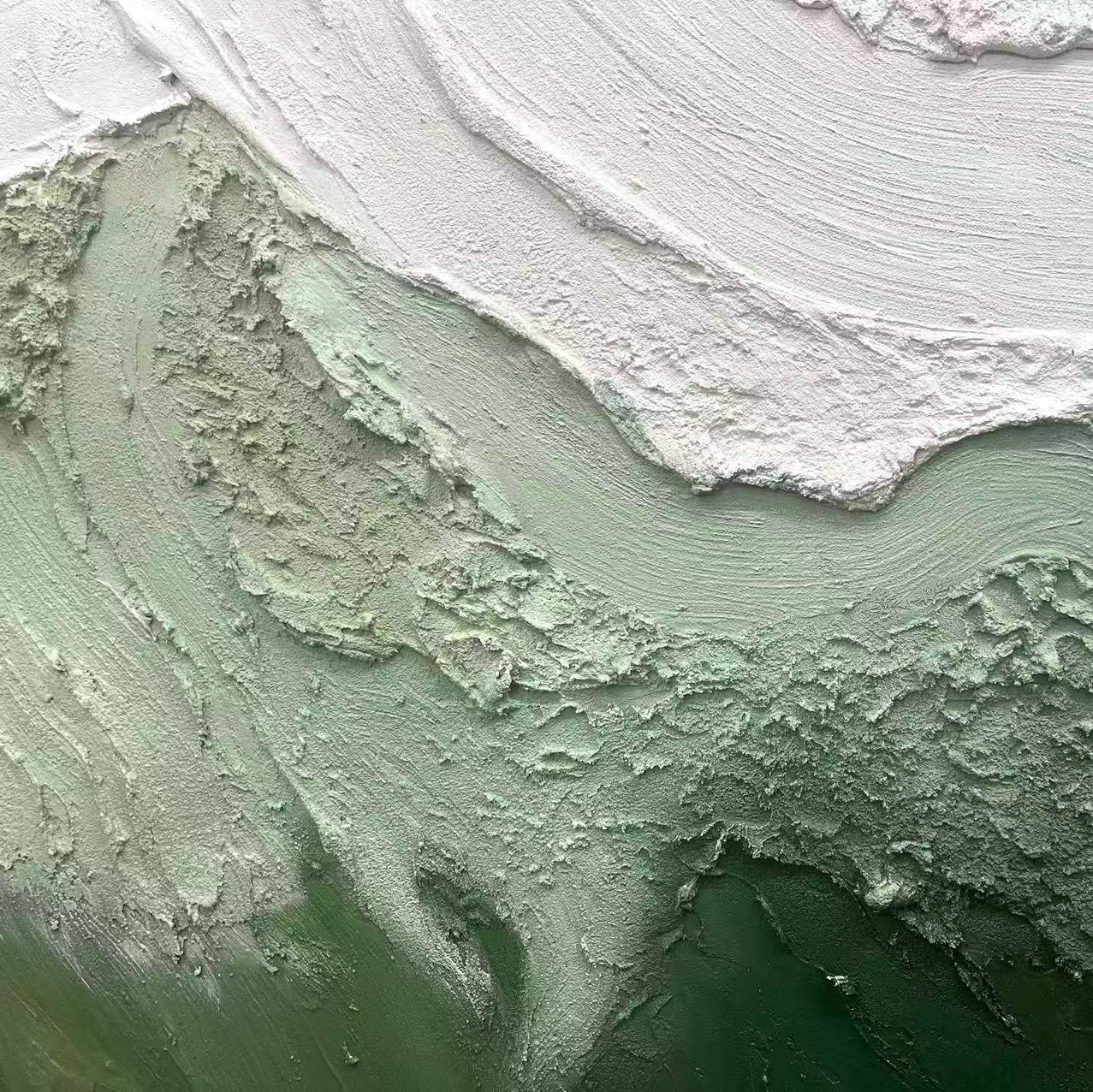 Textured abstract ocean waves in green and white hues, hand-painted on canvas with thick, layered brushstrokes.
