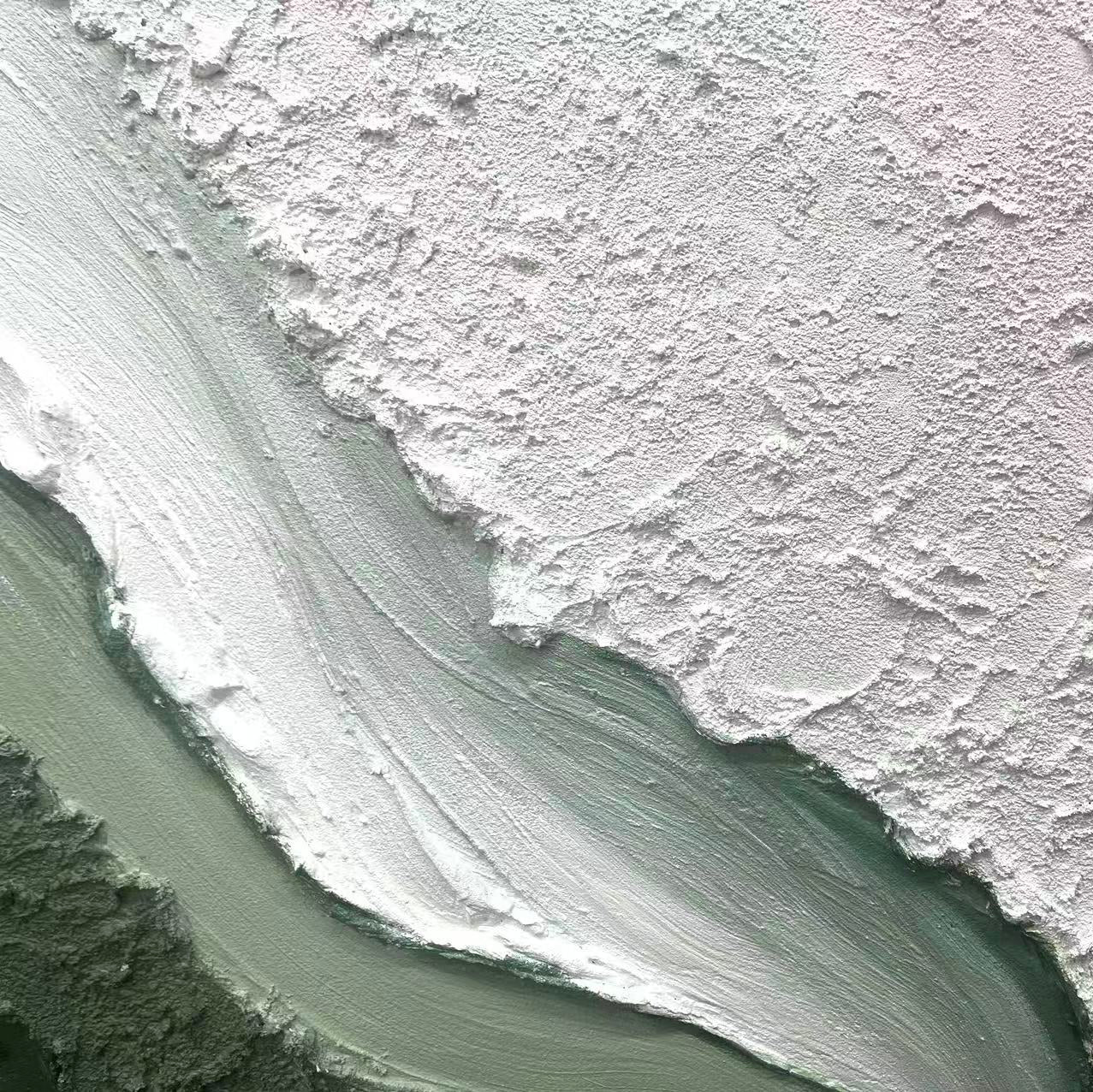 Hand-painted 3D textured abstract painting in moss green, sage, and white with thick brushstrokes, 'Echo of Moss