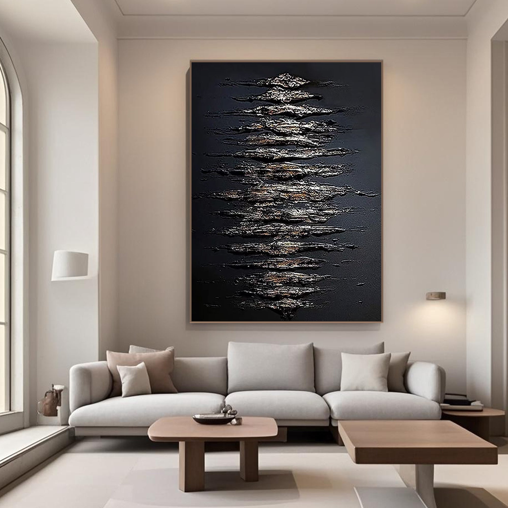 3D textured abstract black canvas wall art in modern living room by Lumi Gallery