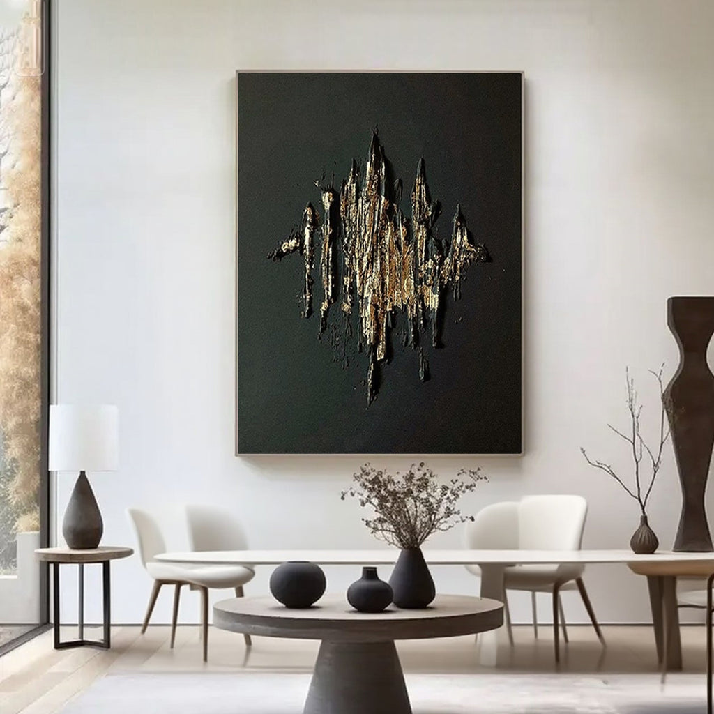 3D textured minimalist abstract wall art 'Gold Citadel' with gold and black textured peaks on a dark canvas, hand-painted for modern living rooms.