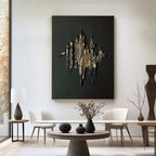 3D textured minimalist abstract wall art 'Gold Citadel' with gold and black textured peaks on a dark canvas, hand-painted for modern living rooms.