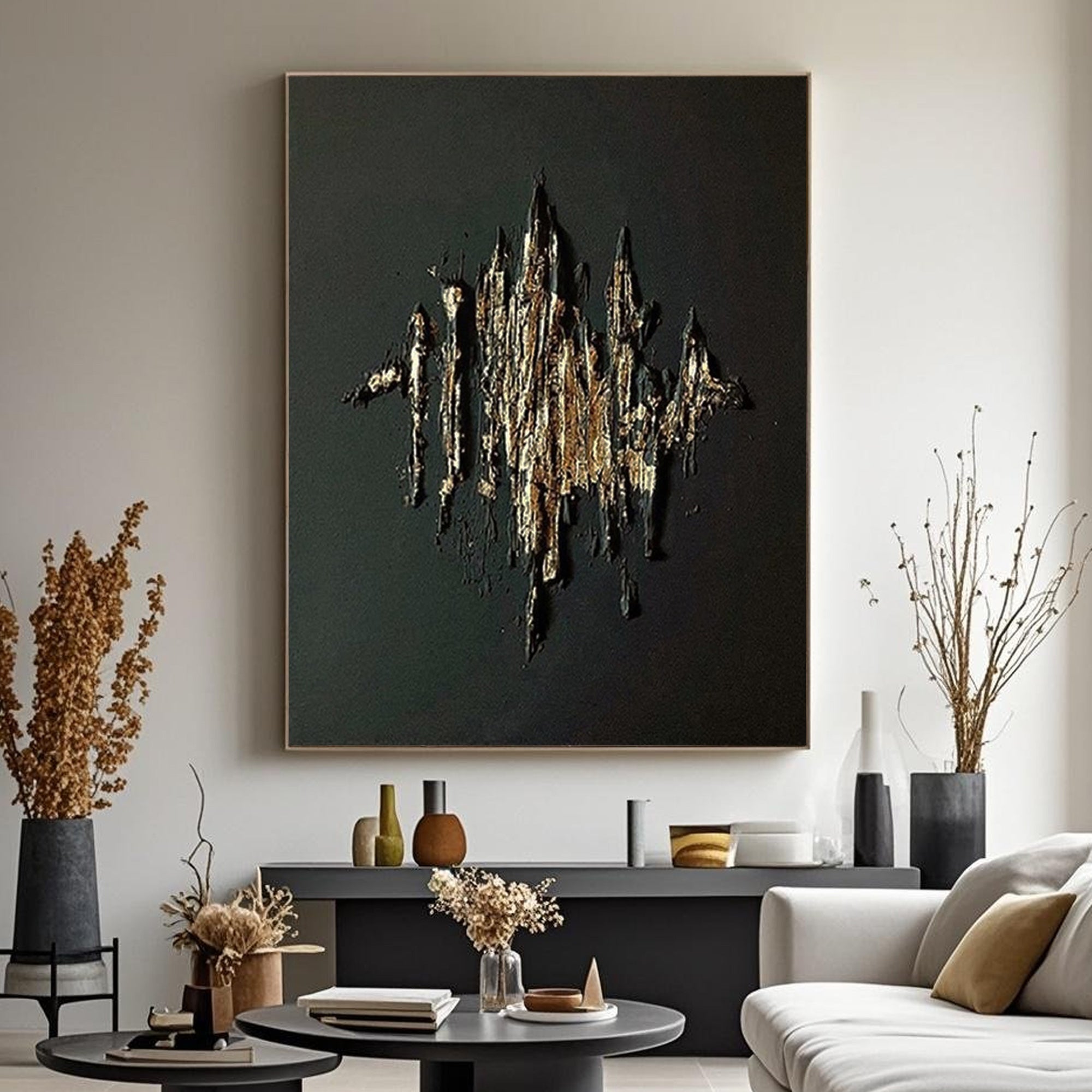 3D textured minimalist abstract gold canvas wall art by Lumi Gallery in modern living room