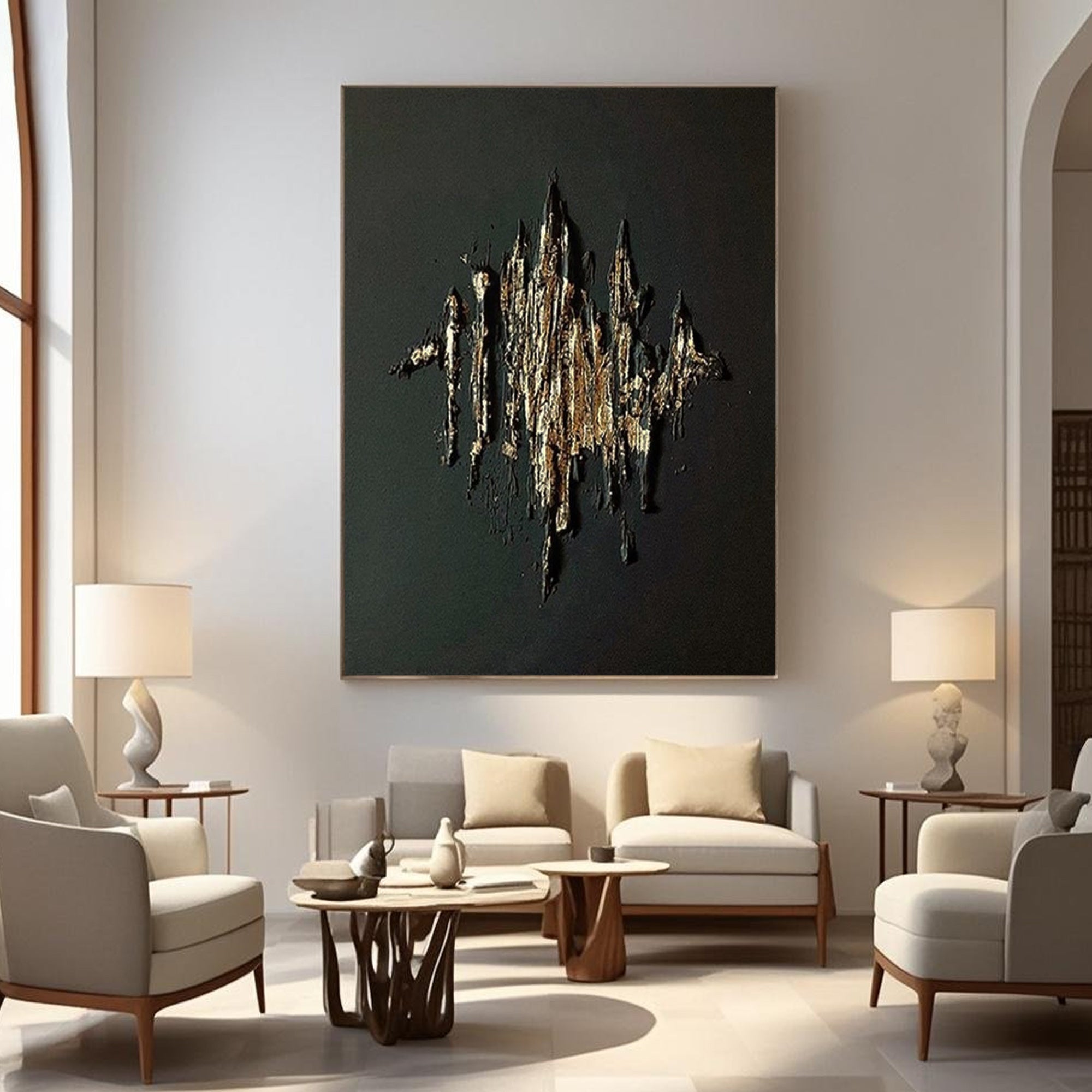 Lumi Gallery's Gold Citadel 3D textured minimalist abstract canvas wall art in modern living room