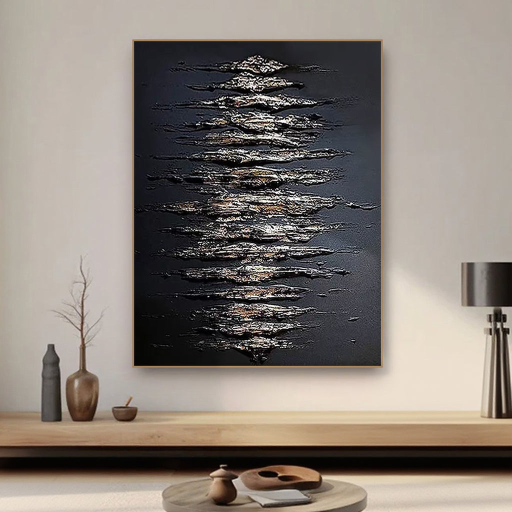3D textured abstract canvas art 'Scale Chant' dark charcoal background with metallic patterns