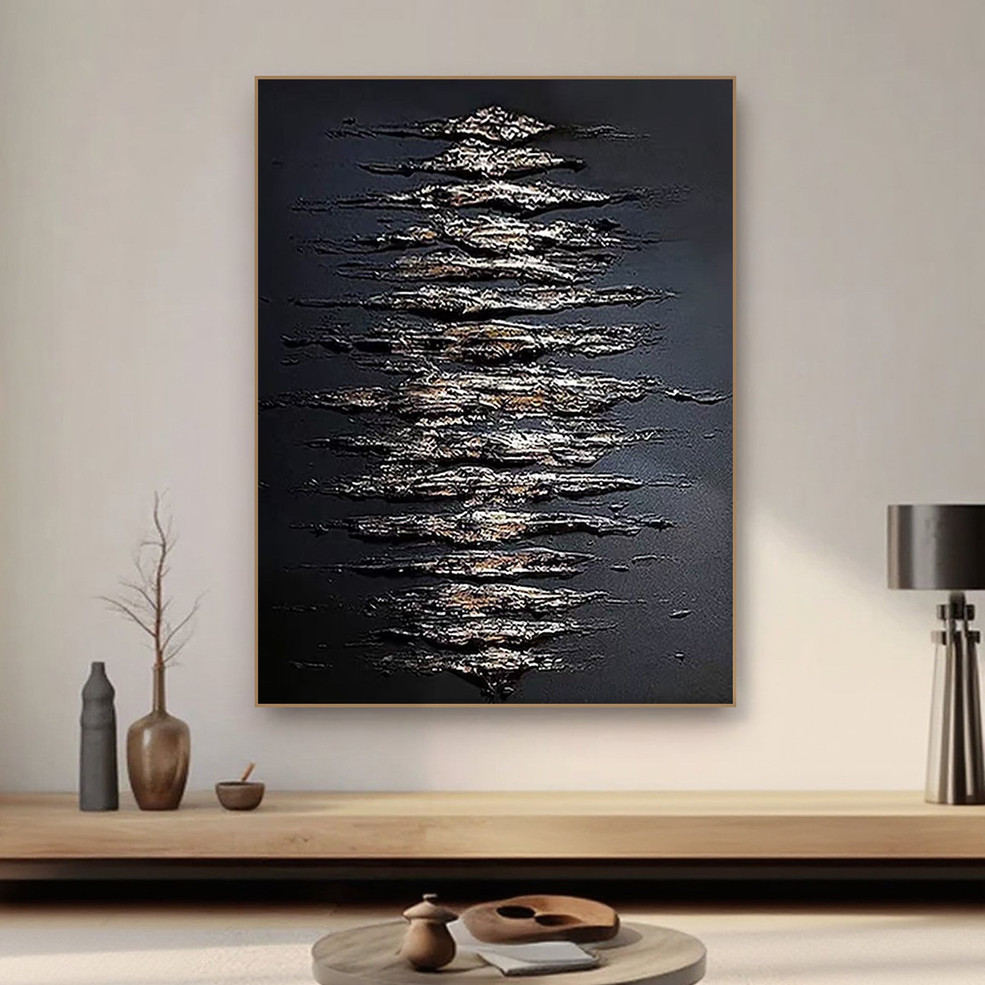 3D textured abstract canvas art 'Scale Chant' dark charcoal background with metallic patterns